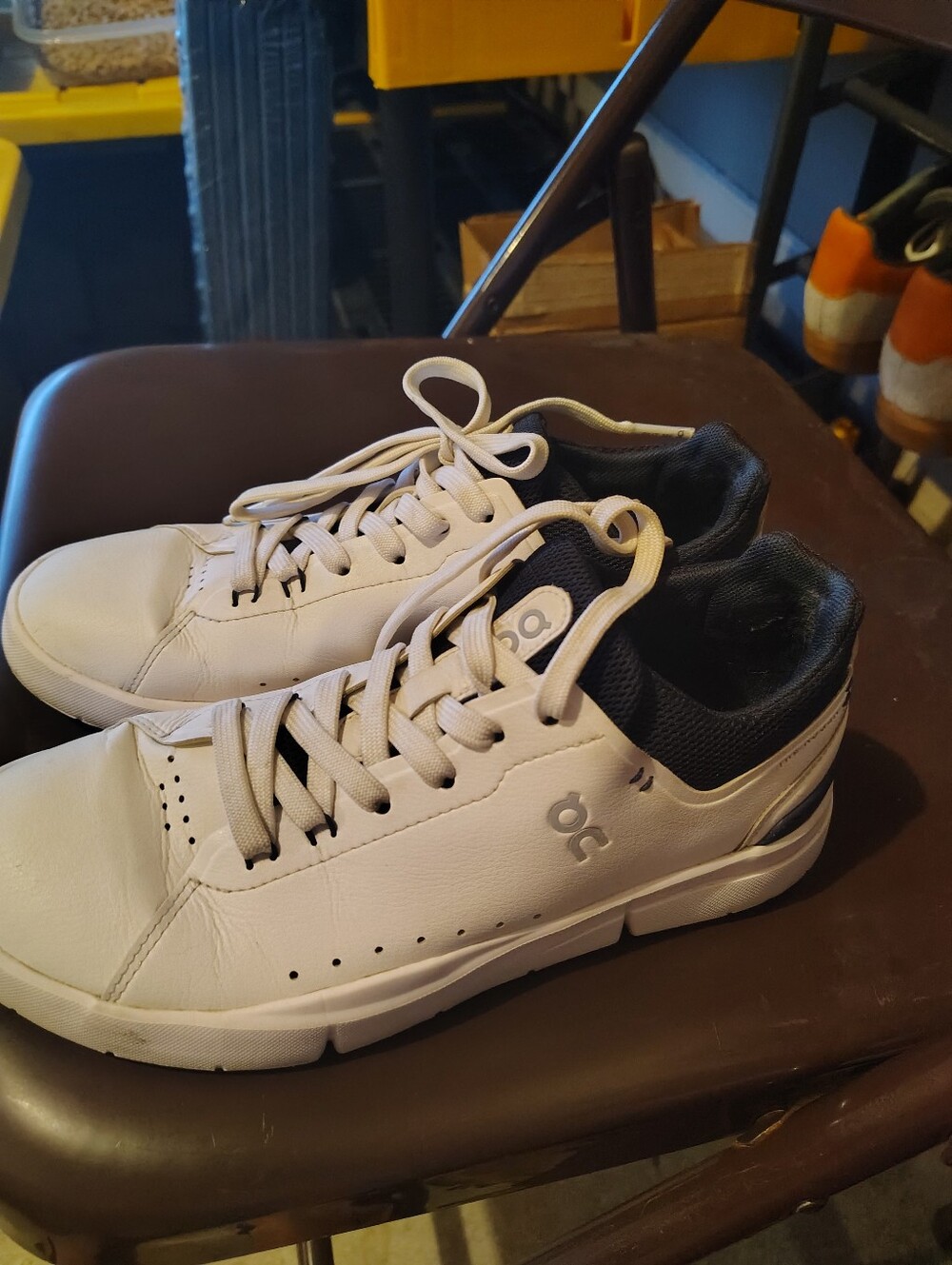 On Running Rogers White Leather Sneakers with Navy Blue Collar